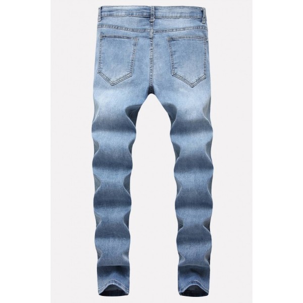 Men Light-blue Ripped Zipper Side Casual Slim Jeans 