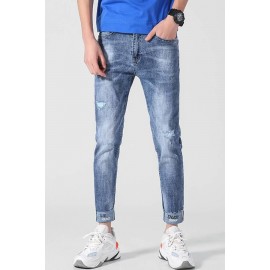 Men Blue Letters Print Ripped Casual Jeans