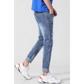 Men Blue Letters Print Ripped Casual Jeans
