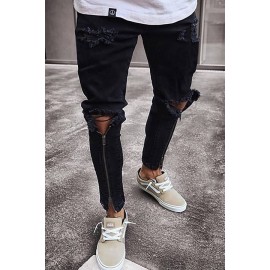 Men Black Zipper Front Ripped Casual Slim Jeans