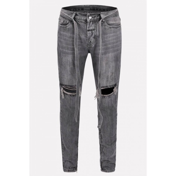 Men Gray Ripped Cutout Zipper Side Casual Jeans 