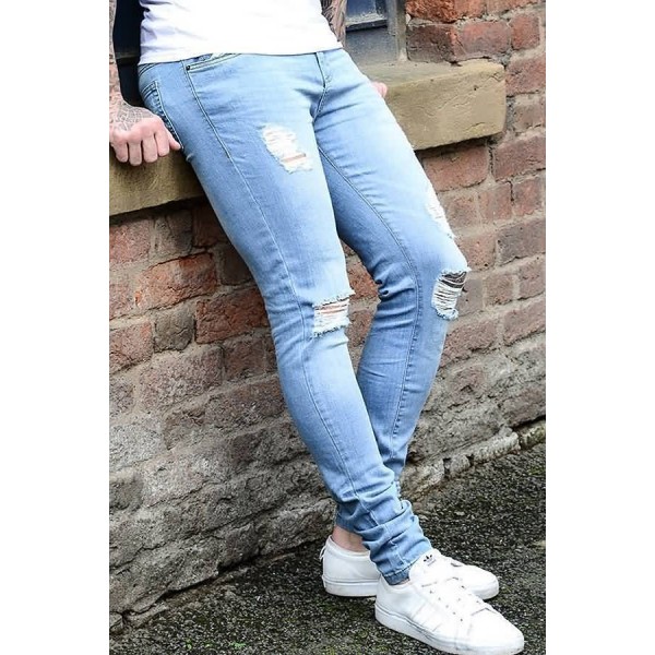 Men Light-blue Ripped Casual Skinny Jeans 