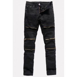 Men Black Zipper Decor Ruched Casual Slim Jeans