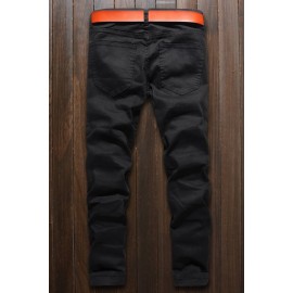 Men Black Zipper Decor Ruched Casual Slim Jeans