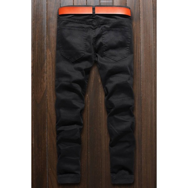 Men Black Zipper Decor Ruched Casual Slim Jeans 