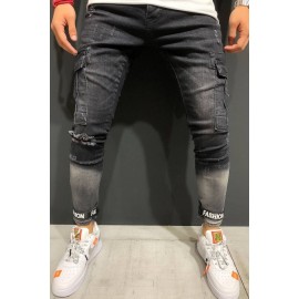Men Black Letters Print Ripped Casual Slim Jeans
