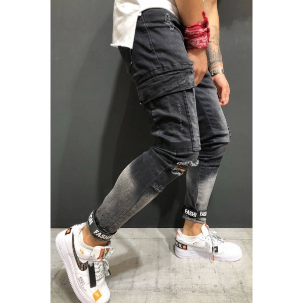 Men Black Letters Print Ripped Casual Slim Jeans 