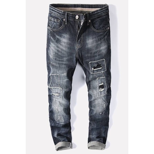Men Black Ripped Pocket Casual Jeans 