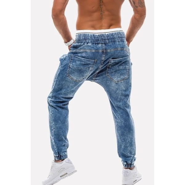 Men Blue Slant Pocket Drawstring Waist Casual Jeans 