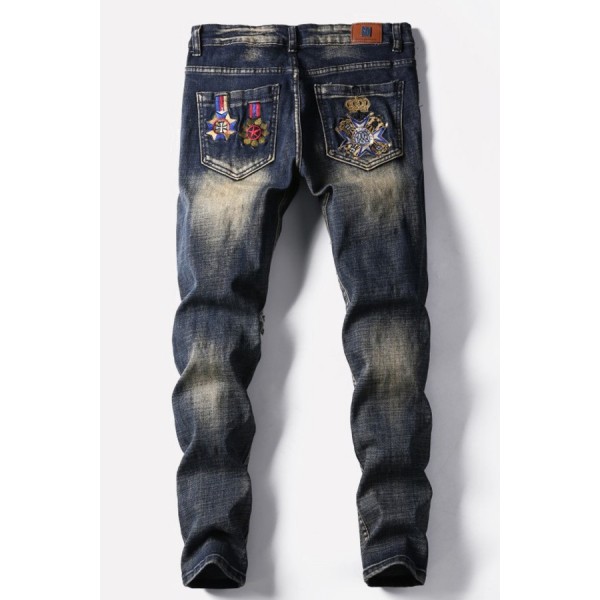 Men Blue Embroidery Ripped Casual Jeans 