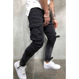 Men Black Velcro Pocket Side Casual Slim Jeans