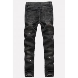 Men Black Ripped Zipper Decorate Casual Straight Jeans