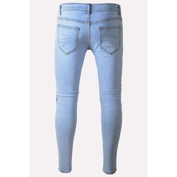 Men Light-blue Ruched Ripped Zipper Front Casual Slim Jeans 