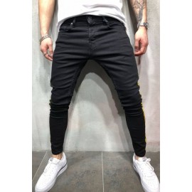 Men Black Stripe Side Casual Slim Jeans