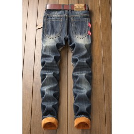 Men Blue Ripped Pocket Casual Thick Jeans