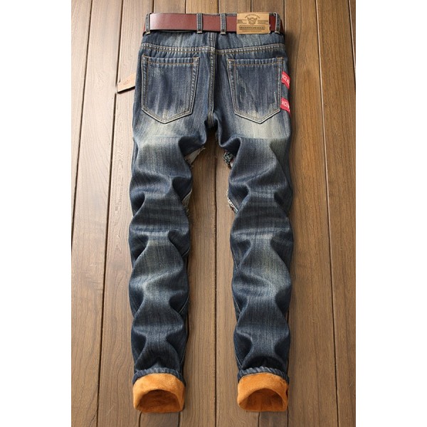Men Blue Ripped Pocket Casual Thick Jeans 