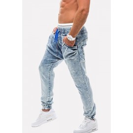 Men Light-blue Slant Pocket Drawstring Waist Casual Jeans