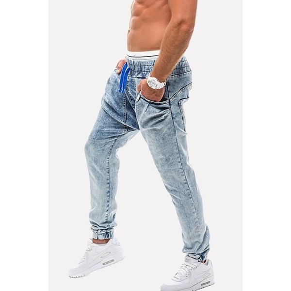 Men Light-blue Slant Pocket Drawstring Waist Casual Jeans 