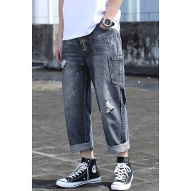 Men Blue Ripped Pocket Casual Straight Jeans