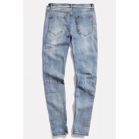 Men Light-blue Side Tape Ripped Casual Slim Jeans