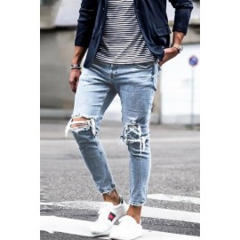 Men Light-blue Ripped Raw Hem Casual Slim Jeans