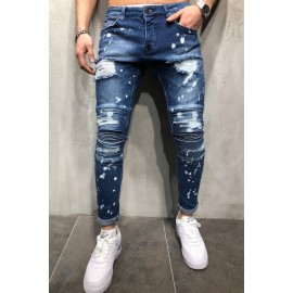 Men Blue Ripped Drip Print Casual Slim Jeans