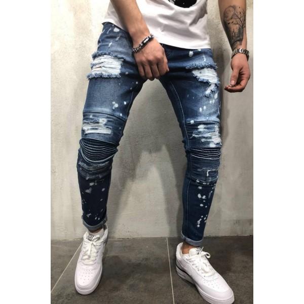 Men Blue Ripped Drip Print Casual Slim Jeans 