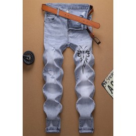 Men Light-blue Printed Ripped Casual Jeans